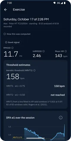 Exercise result: aerobic threshold estimate (HRVT1) from DFA alpha1