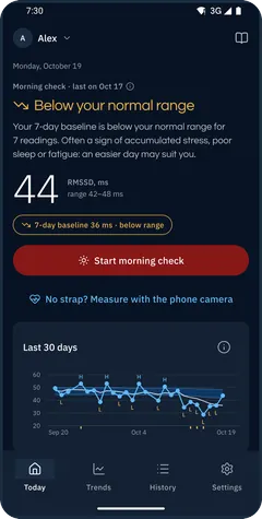 Today screen: readiness status, morning RMSSD in ms with the normal range, 7-day baseline and the last 30 days