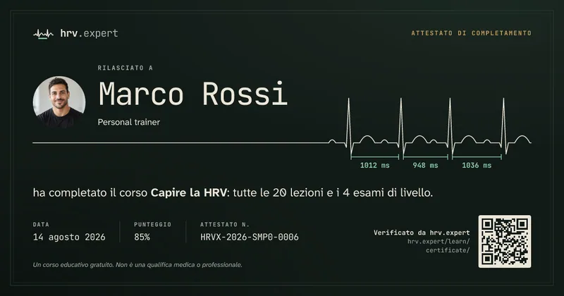 架空の人物Marco Rossiさんのコース修了証の見本。言語：イタリア語。試験スコア85%、番号HRVX-2026-SMP0-0006、写真とQRコード付き。