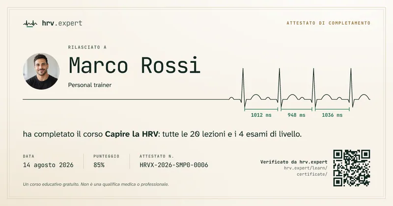 架空の人物Marco Rossiさんのコース修了証の見本。言語：イタリア語。試験スコア85%、番号HRVX-2026-SMP0-0006、写真とQRコード付き。