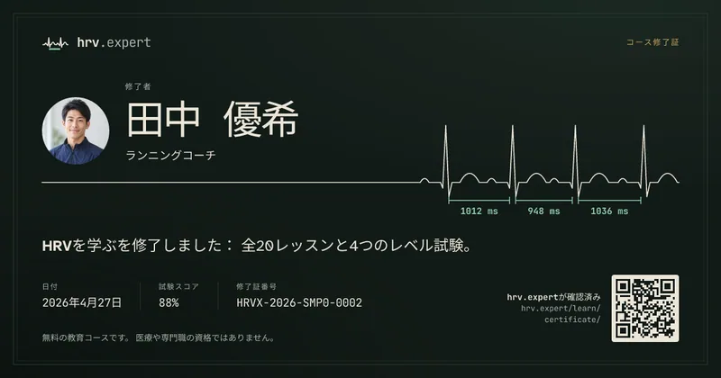 架空の人物田中 優希さんのコース修了証の見本。言語：日本語。試験スコア88%、番号HRVX-2026-SMP0-0002、写真とQRコード付き。