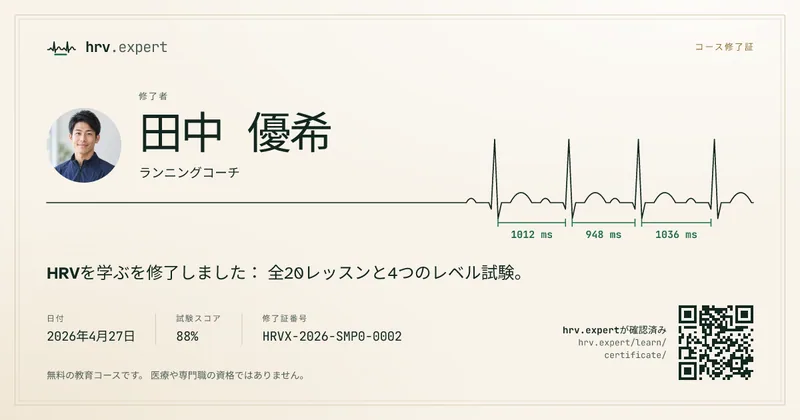 架空の人物田中 優希さんのコース修了証の見本。言語：日本語。試験スコア88%、番号HRVX-2026-SMP0-0002、写真とQRコード付き。